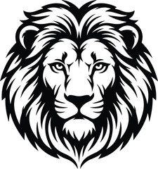 Obraz premium Detailed black and white illustration of a majestic lion's head showing a full mane and intense gaze for mascot design.