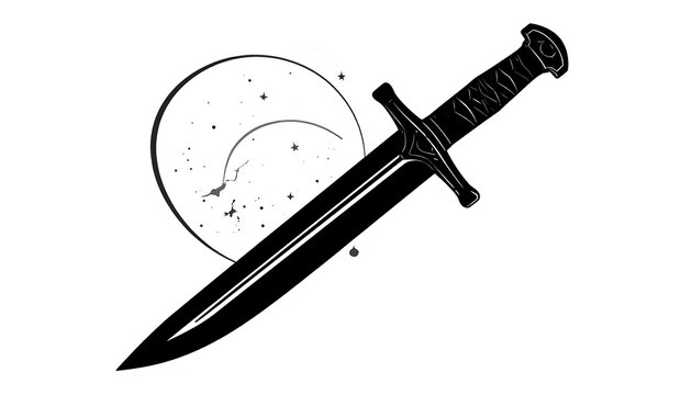 Stylized black sword with decorative hilt overlaid on a crescent moon and stars, on white