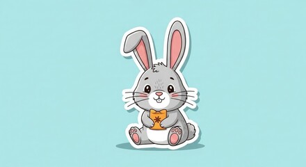 Cute gray cartoon rabbit with orange bow tie sitting on pastel blue background looking friendly and approachable
