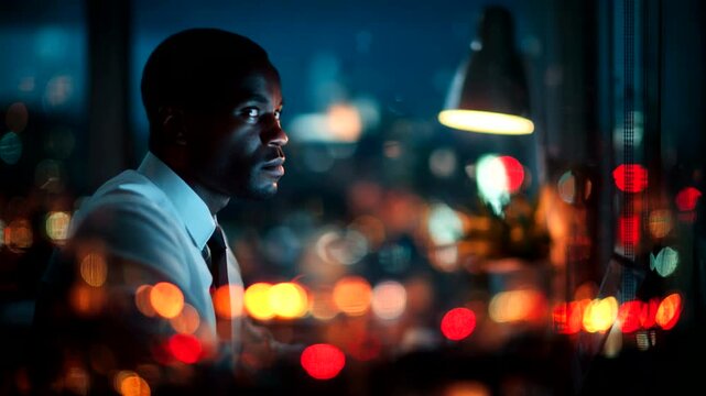 Professional man working late at night in city