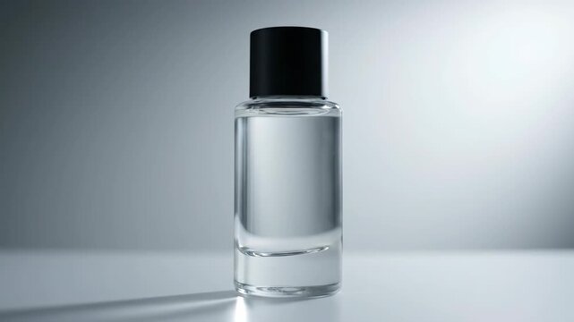 Minimalist studio shot of a clear glass cosmetic or perfume bottle with a black cap, reflecting purity and premium product design on a bright background.