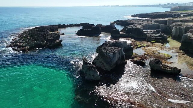 Aerial Drone View of Calette di Torre Cintola on the Adriatic Coast near Monopoli, Bari, Puglia, Southern Italy &ndash; Scenic Cliffs, Coves and Mediterranean Sea