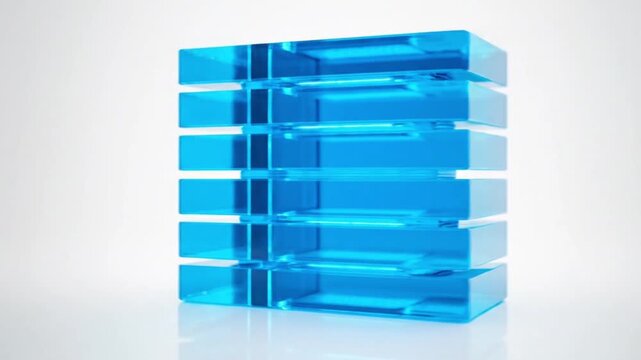 Transparent blue glass server stack rotating, digital data center and cloud storage technology
