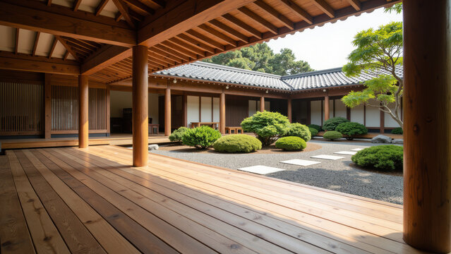 Traditional Japanese courtyard with wooden veranda, zen garden, green shrubs, stone path, and tranquil atmosphere in daylight
