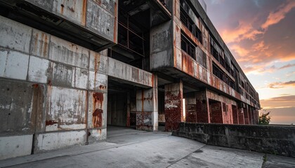 Fototapeta premium Abandoned Industrial Building at Sunset Exterior.
