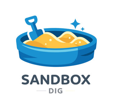 Colorful logo-style illustration of a blue sandbox tub filled with golden sand, a small shovel and sparkles above the sand &mdash; bright, playful artwork for kids, toys, apps or summer branding.