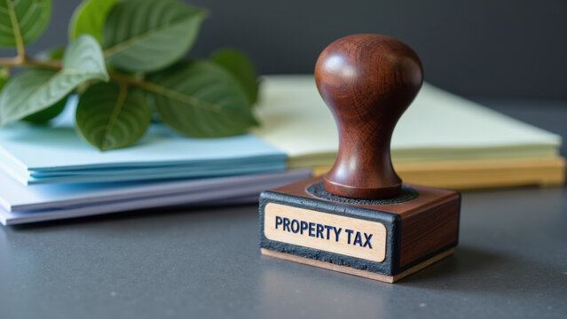 Property tax stamp wooden handle document stack green leaf office table finance concept business legal paperwork calm atmosphere