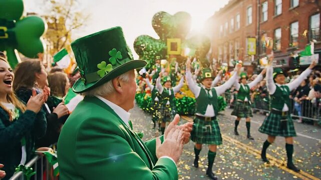 Elderly Caucasian man in green hat and suit celebrates with clapping amidst a St. Patrick's Day parade crowd on a festive street.