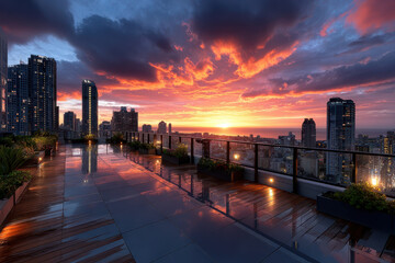Fototapeta premium Vibrant City Rooftop at Sunset After Rain