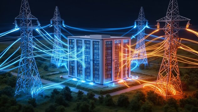 AI data center with energy towers and cables