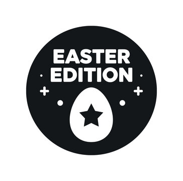 Black circular easter edition badge showing an egg with a star and small decorative dots and plus marks, suitable for seasonal labels, banners, or social media promotions.