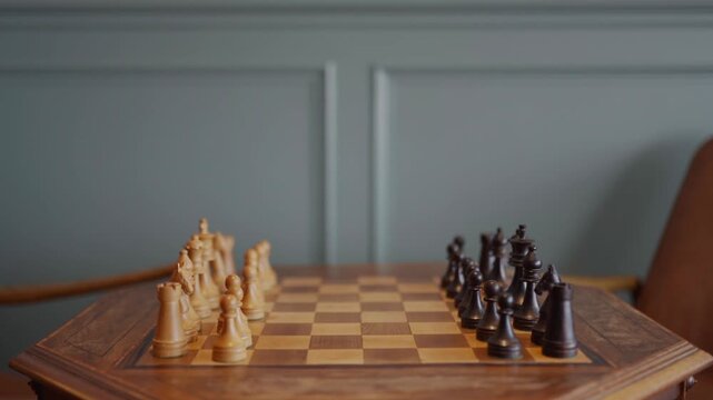 Wooden chessboard with pieces ready for play. Light and dark pieces face each other on checkered surface. Background shows muted wall and chair. Suitable for strategy, competition