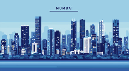 Mumbai cityscape vector illustration showcasing modern architecture and urban skyline at dusk, perfect for travel and business themes © Purnomo
