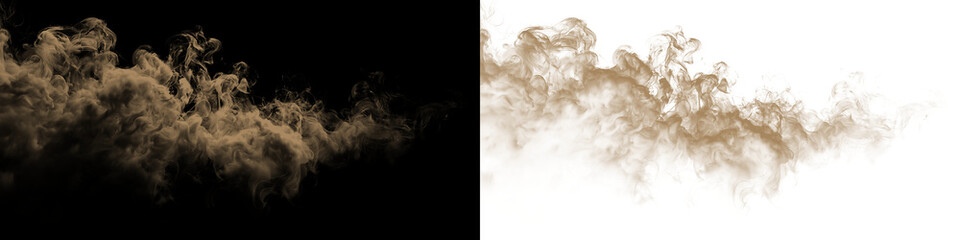 Dust sand soil smoke cloud particles isolated on transparent white background. Brown sandstorm smog sand dust explosion rising. Design elements for Compositing, covering, overlay, PNG © Liubov