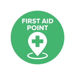 Obraz premium Flat vector badge FIRST AID POINT simple white medical cross with map pin minimal good look design good for package business info about product