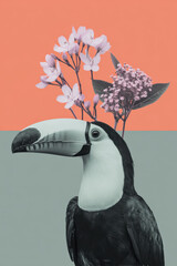 Fototapeta premium Surreal tropical toucan collage with pastel plants and vibrant background colors creating modern exotic wildlife composition for summer design and contemporary decor
