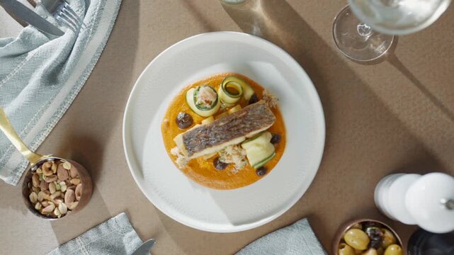 Hand gently places a white plate with fish and sauce on a table. Table set with cloth napkins and small bowls of nuts. Scene shows calm, elegant dining moment. Ideal for restaurant, food blog