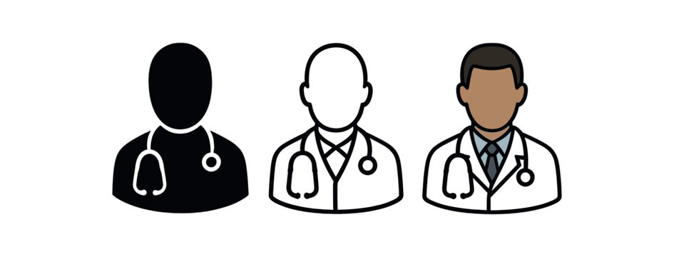 doctor avatar three doctor bust with stethoscope neutral skin tones and white coat