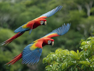 Pair of scarlet macaws flying over tropical rainforest
