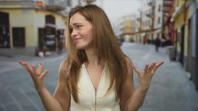 Caucasian woman covering her ears with both hands while grimacing on a busy street lined with buildings; frustration.