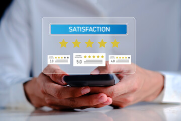 Customer satisfaction rating concept with five star feedback displayed on smartphone screen. User reviewing service quality via mobile app. Online review system for customer experience reputation