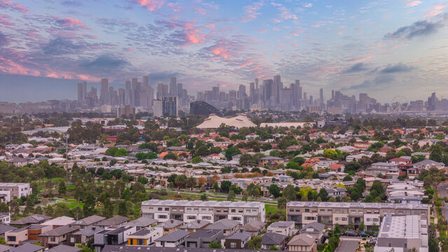 Panoramic Aerial Drone view of Inner Suburbs of Melbourne housing, roof tops, the streets and the parks, the roads and trees of Ascot Vale Moonee Ponds Brunswick Essendon and Maribyrnong in VIC Victor