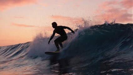 Silhouette Surfer Riding a Wave at Sunset Captivating Ocean Scene.