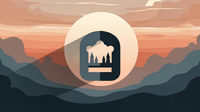 Stylized sunset landscape with rolling hills and stylized rounded rectangle