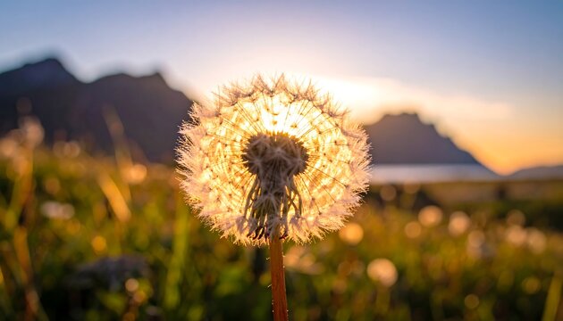 Sunlit dandelion clock in a grassy field with mountains and a lake visible in the soft, golden light of the evening