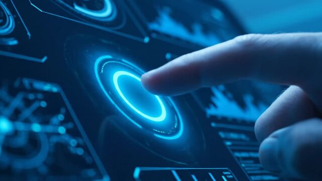 Futuristic touchscreen interface with a finger activating a glowing digital button with data displays in the background