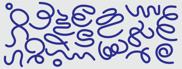 Minimalist squiggle-style illustration in bold blue on a light gray background. Repeating playful loops form a visual rhythm with the word “Squiggle” anchored in bold black type. © Top