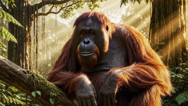 Orangutan sitting in sun-dappled rainforest branches
