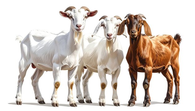 Three goats stand side-by-side. Two are white, one brown, all with horns and beards, against a white background