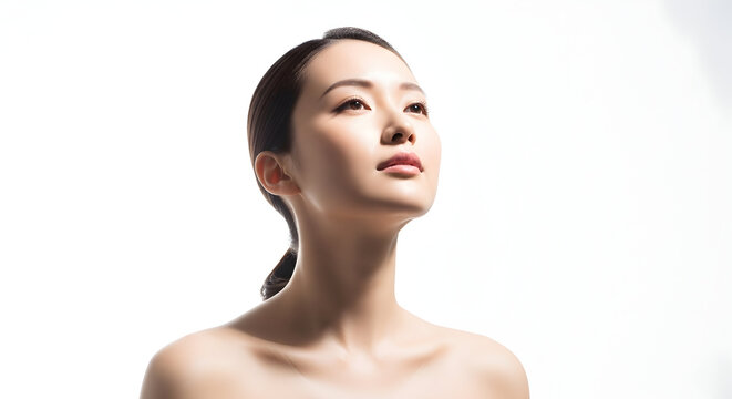 Beautiful Asian Woman With Radiant Skin Looking Upwards With Natural Light Illuminating Her Face And Neck