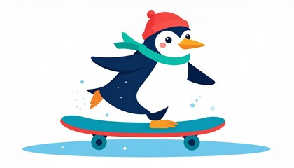 Adorable penguin skateboarding in winter gear on colorful board