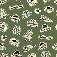 Seamless pattern with retro camping-themed badge illustrations and adventure quotes. Includes tents, trees, signs, and typography in bold colors. Great for outdoor and nature designs © cddesign.co
