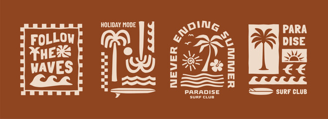 Surf and paradise vector set with palm trees, waves, sun and bold typography compositions. Tropical summer graphics ideal for t-shirts, posters and beach branding.   © cddesign.co