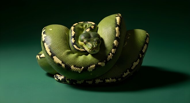 Cinematic macro photography of a vibrant green tree snake coiled perfectly, highlighting the detailed scale textures on a dark green background
