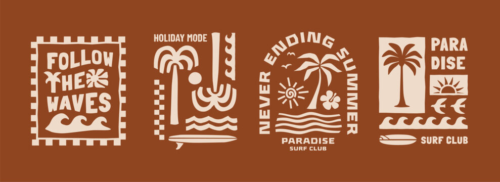 Surf and paradise vector set with palm trees, waves, sun and bold typography compositions. Tropical summer graphics ideal for t-shirts, posters and beach branding.	
