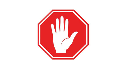 Vector graphic illustration of a white stop hand gesture inside a bright red octagon road sign