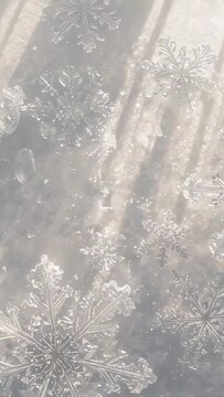 Vertical video: Shifting frame, angled light revealing snow crystal on dark mat showing etched arms