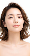 Fototapeta premium Beautiful young Asian woman with flawless skin and short brown hair smiling gently with a soft expression on a white background representing natural beauty and skincare.