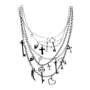 Grunge style vector of layered silver-tone chains featuring punk charms like vintage keys, skulls, crosses, heart, and claw. Retro Y2K aesthetic jewelry design isolated on white.