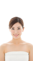 Beautiful young asian woman with clear skin and a gentle smile, portrait with shoulders bare, perfect for beauty and skincare concepts