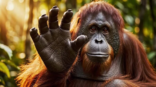 Orangutan waves hello in lush jungle sunlight