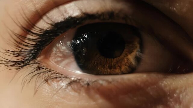 Close-up of a hazel eye. Digital data streams reflect on the cornea. The pupil dilates wide in awe. Moody cyan and orange lighting, high contrast.