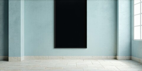 Empty room features light blue walls, tiled floor, dark rectangular object centered. Window provides soft illumination. Minimalist aesthetic.