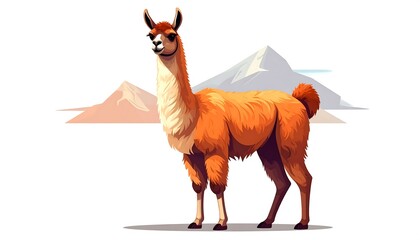 Fototapeta premium Stylized illustration of a llama standing in front of mountains, rendered in shades of brown and cream