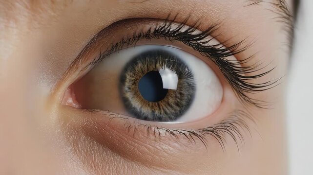 Close-up of a hazel eye. Digital data streams reflect on the cornea. The pupil dilates wide in awe. Moody cyan and orange lighting, high contrast.
