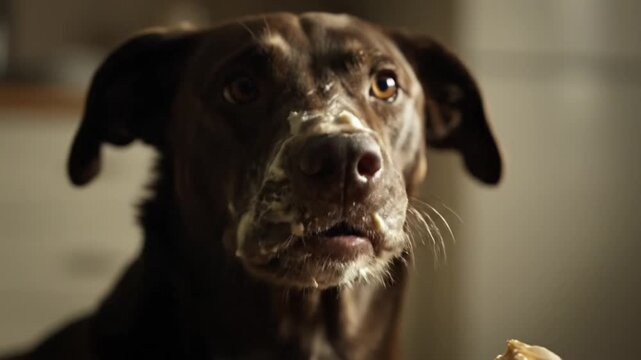Brown dog eagerly eats frosted donut from human hand